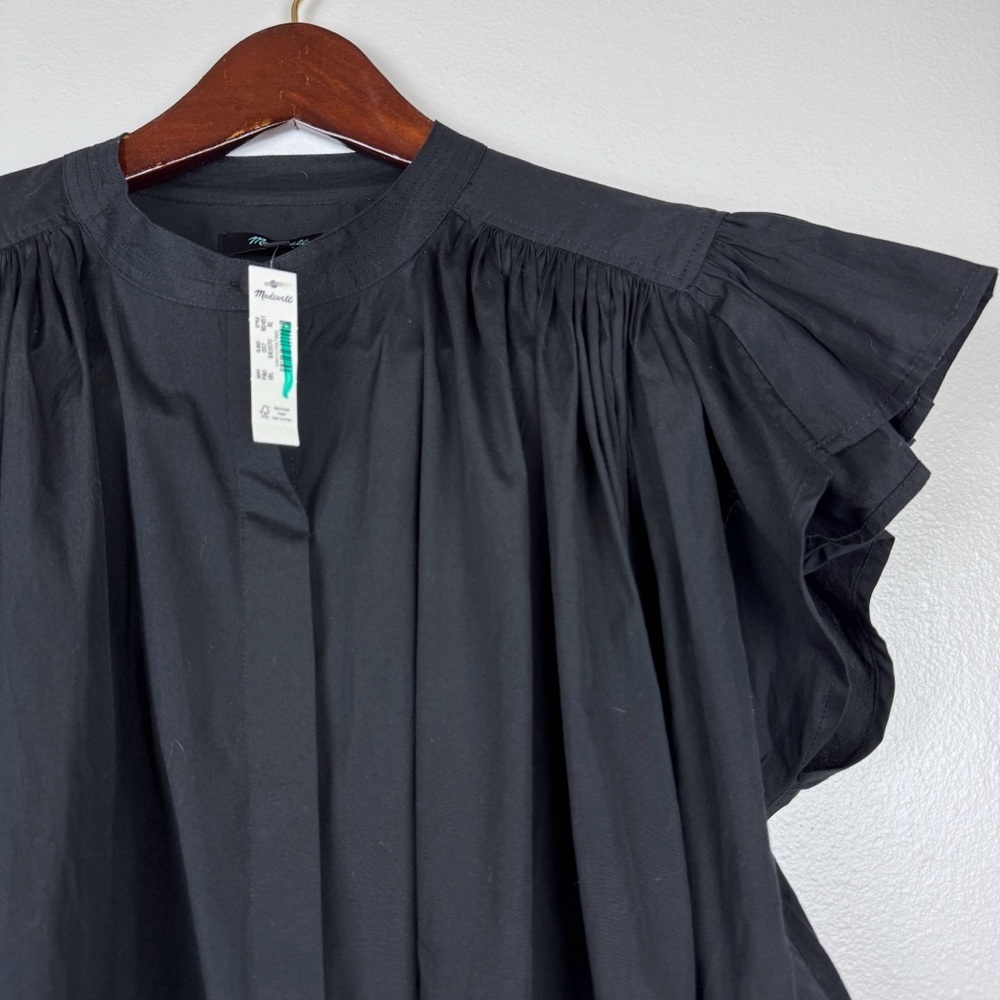 Madewell Poplin Shirred Button Up Cotton Short Sleeve Shirt Black Size XL NWT - Picture 5 of 8